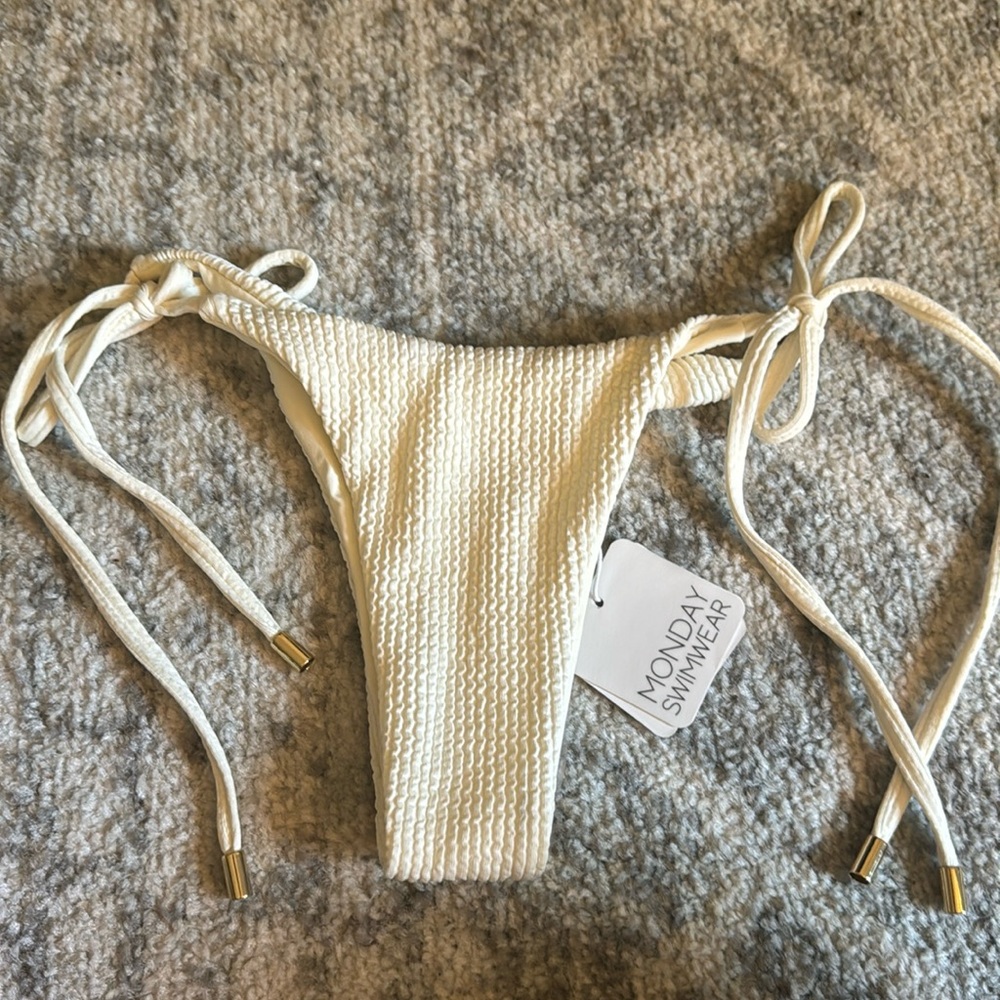 Monday Swimwear Ivory Crinkle Textured Tie-Side Bikini Bottom